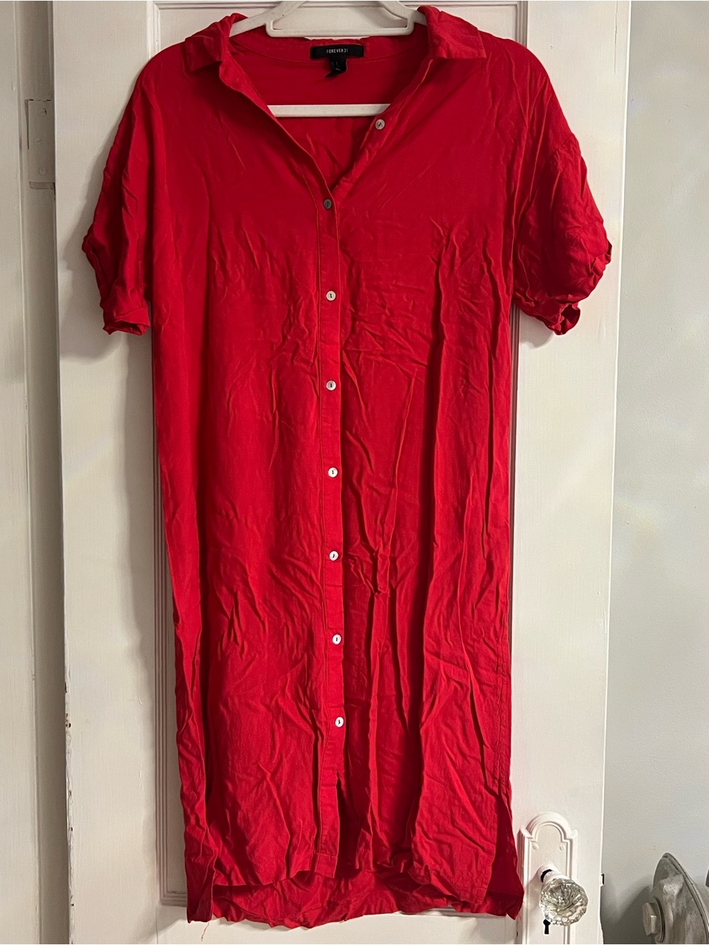 Forever 21 Red Midi Button-Front Shirt Dress